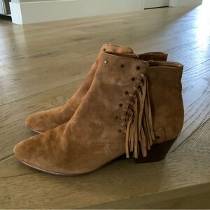 Brown Ankle Boots with Suede Material Fringe Detail and Low Stacked Heel